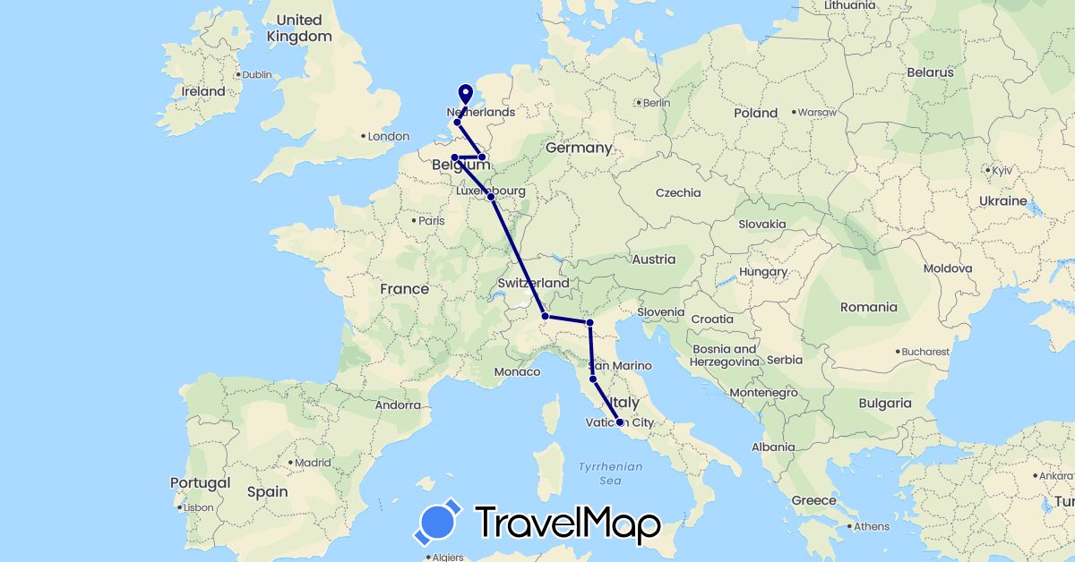 TravelMap itinerary: driving in Belgium, Italy, Luxembourg, Netherlands, Vatican City (Europe)